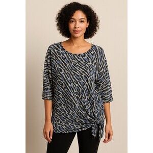 Bob Mackie Wearable Art Blouse M Blue Black Abstract Animal Print Sheer Tie Boho